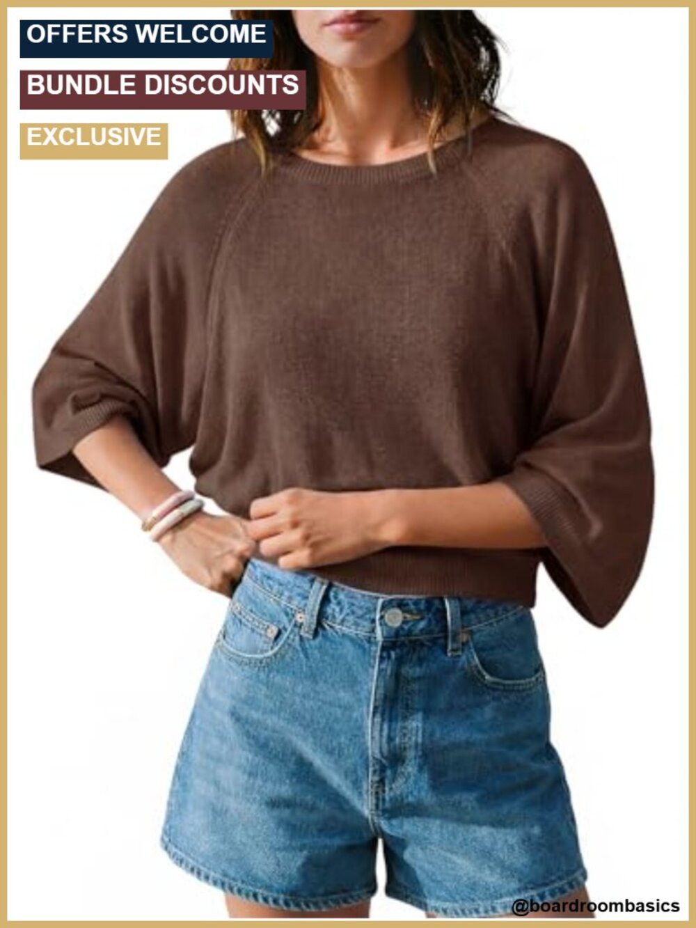 Lightweight Knit 3/4 Batwing Sleeve Crew Neck Sweater Top